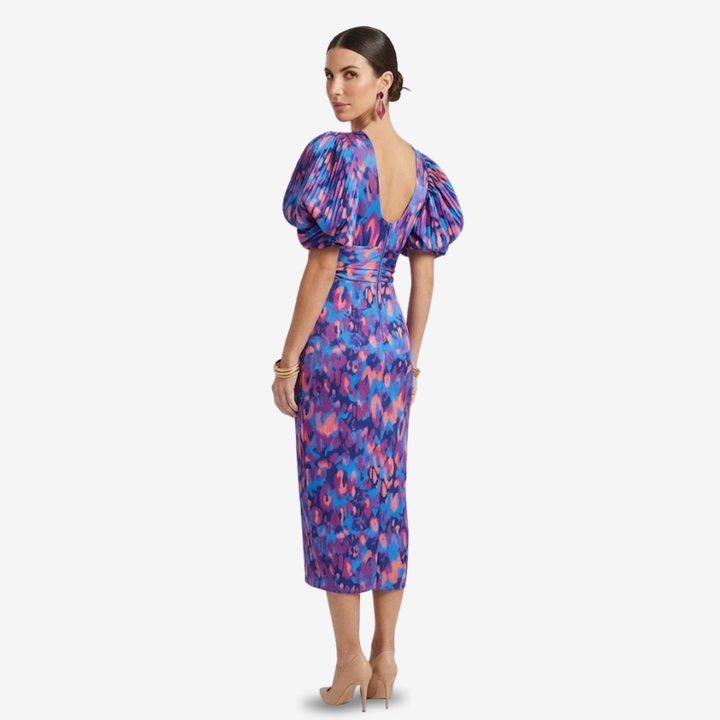 NOMU | Women's Abstract Print Ruched Midi Dress – Elegant Puff Sleeve Bodycon Dress
