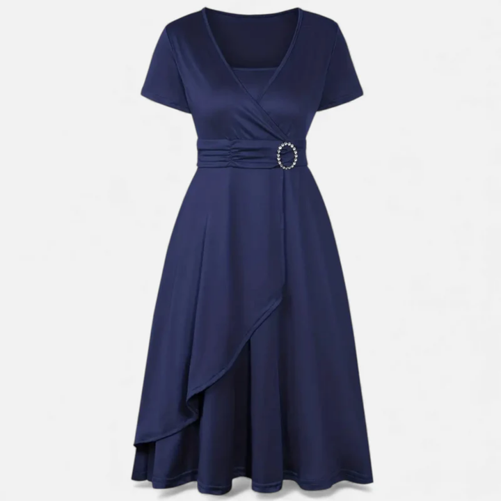 NOMU | Women's Elegant Wrap Midi Dress – Short Sleeve V-Neck Party Dress