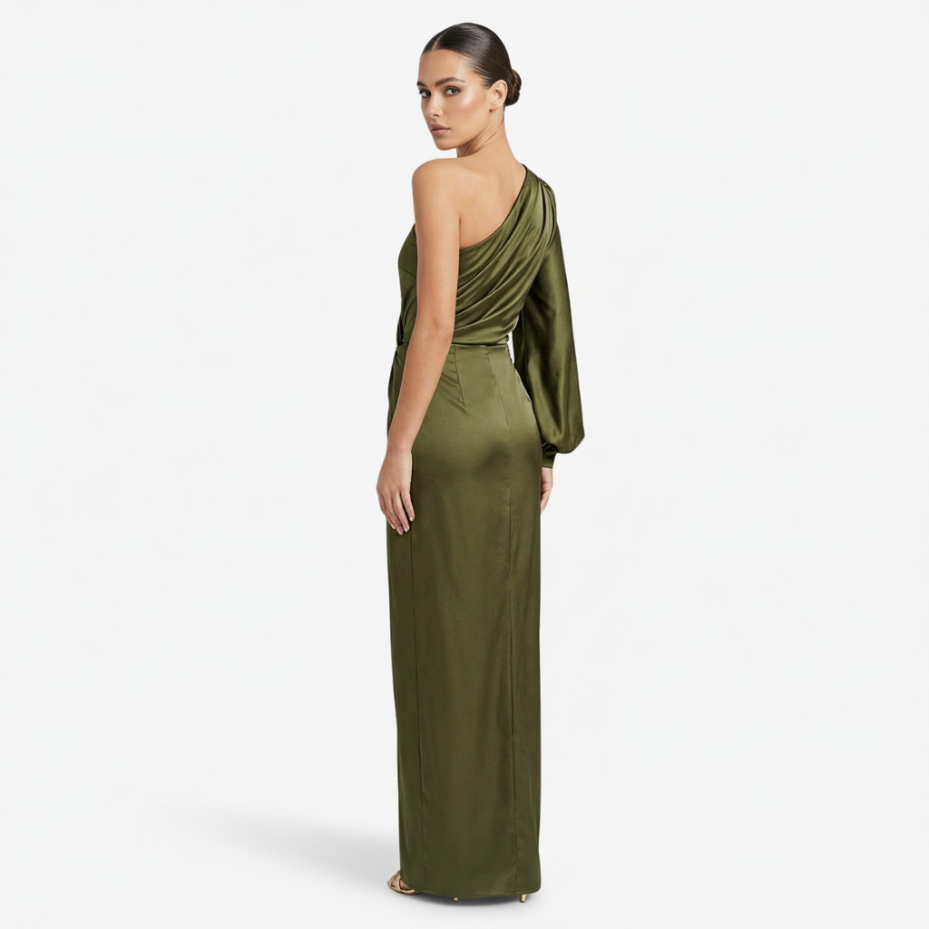 NOMU | Women's One-Shoulder Satin Maxi Dress – Elegant Long Sleeve Evening Dress
