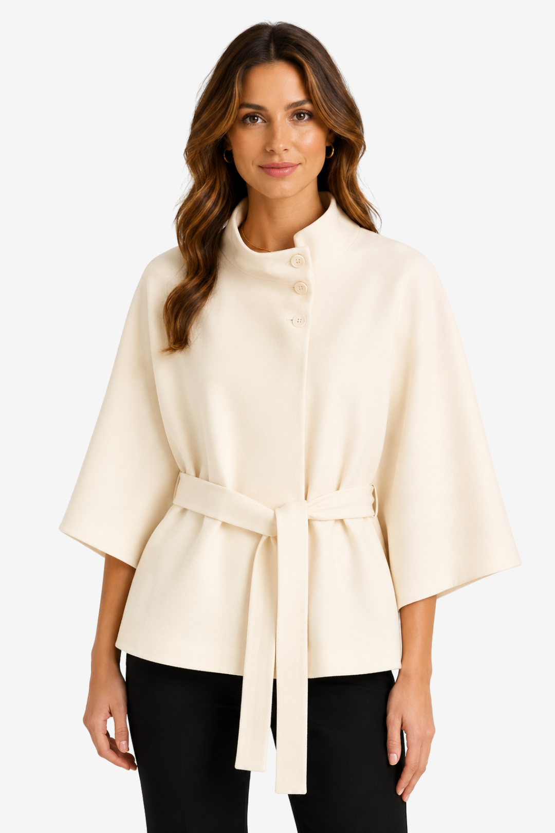 NOMU | Women's Belted Cape Coat – High Collar Wide Sleeve Design