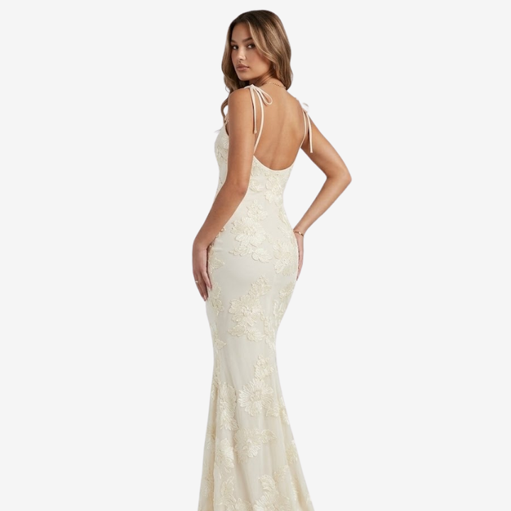 NOMU | Women's Floral Embroidered Bodycon Maxi Dress – Elegant Tie Strap Occasion Dress