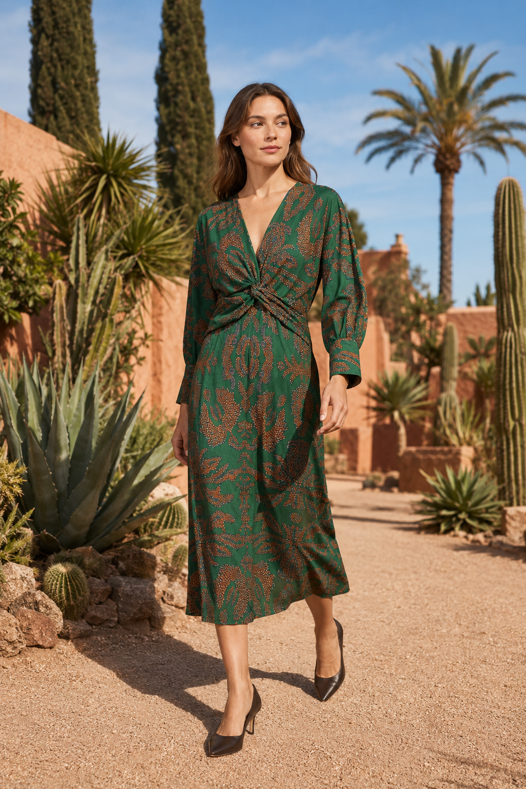 NOMU | Women's Vintage Print Twist Front Midi Dress – Elegant Long Sleeve V-Neck Dress