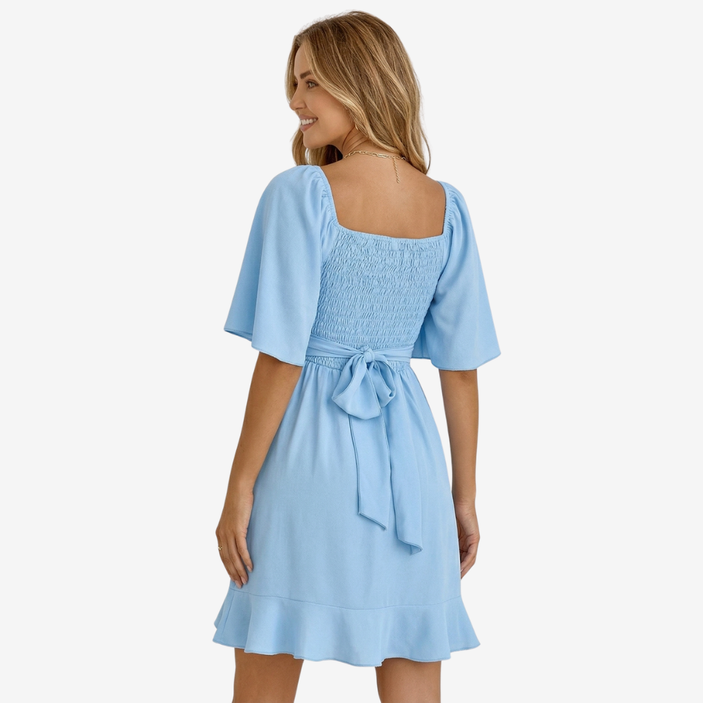 NOMU | Women's Sweetheart Neck Wrap Dress – Elegant Flutter Sleeve Mini Dress