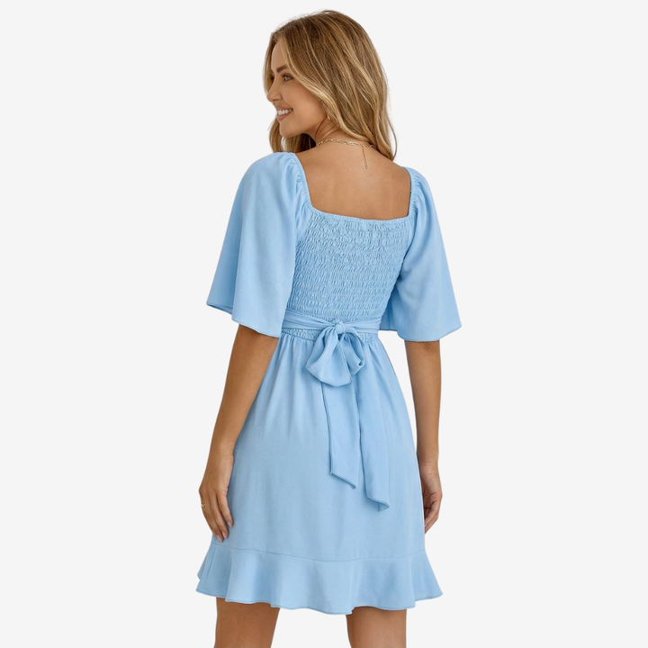 NOMU | Women's Sweetheart Neck Wrap Dress – Elegant Flutter Sleeve Mini Dress