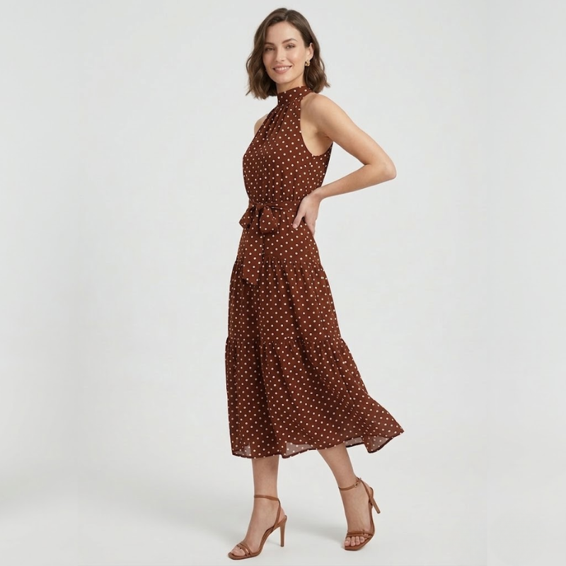 NOMU | Women's Polka Dot Halter Midi Dress – Elegant Sleeveless Tie Waist Dress