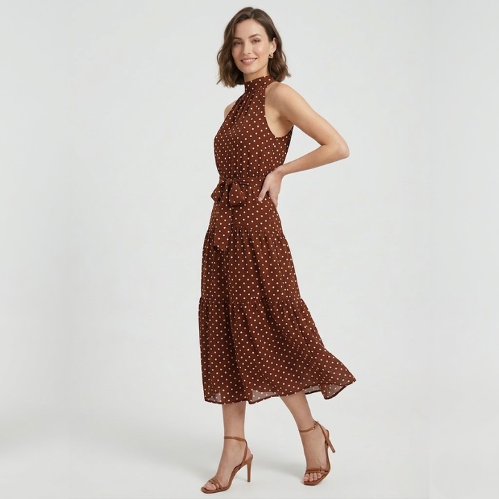 NOMU | Women's Polka Dot Halter Midi Dress – Elegant Sleeveless Tie Waist Dress