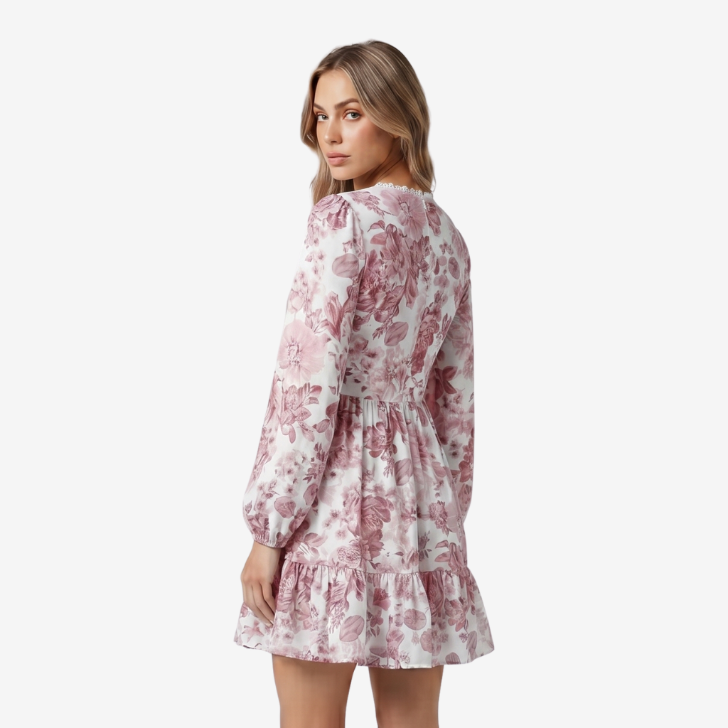 NOMU | Women's Floral Mini Dress – V Neck Long Sleeve Ruffle Hem Design