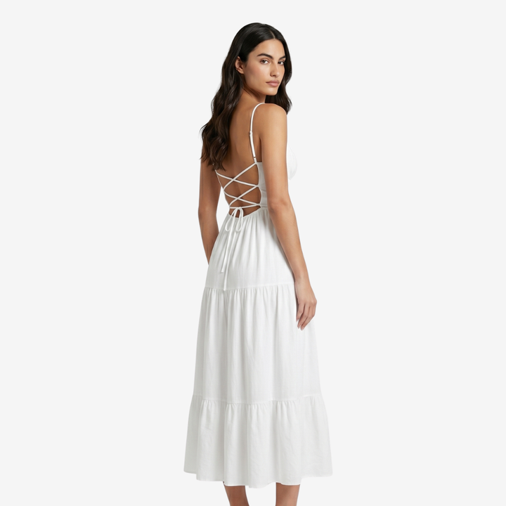 NOMU | Women's Tiered Midi Dress – Spaghetti Strap Tie Front Relaxed Fit Design