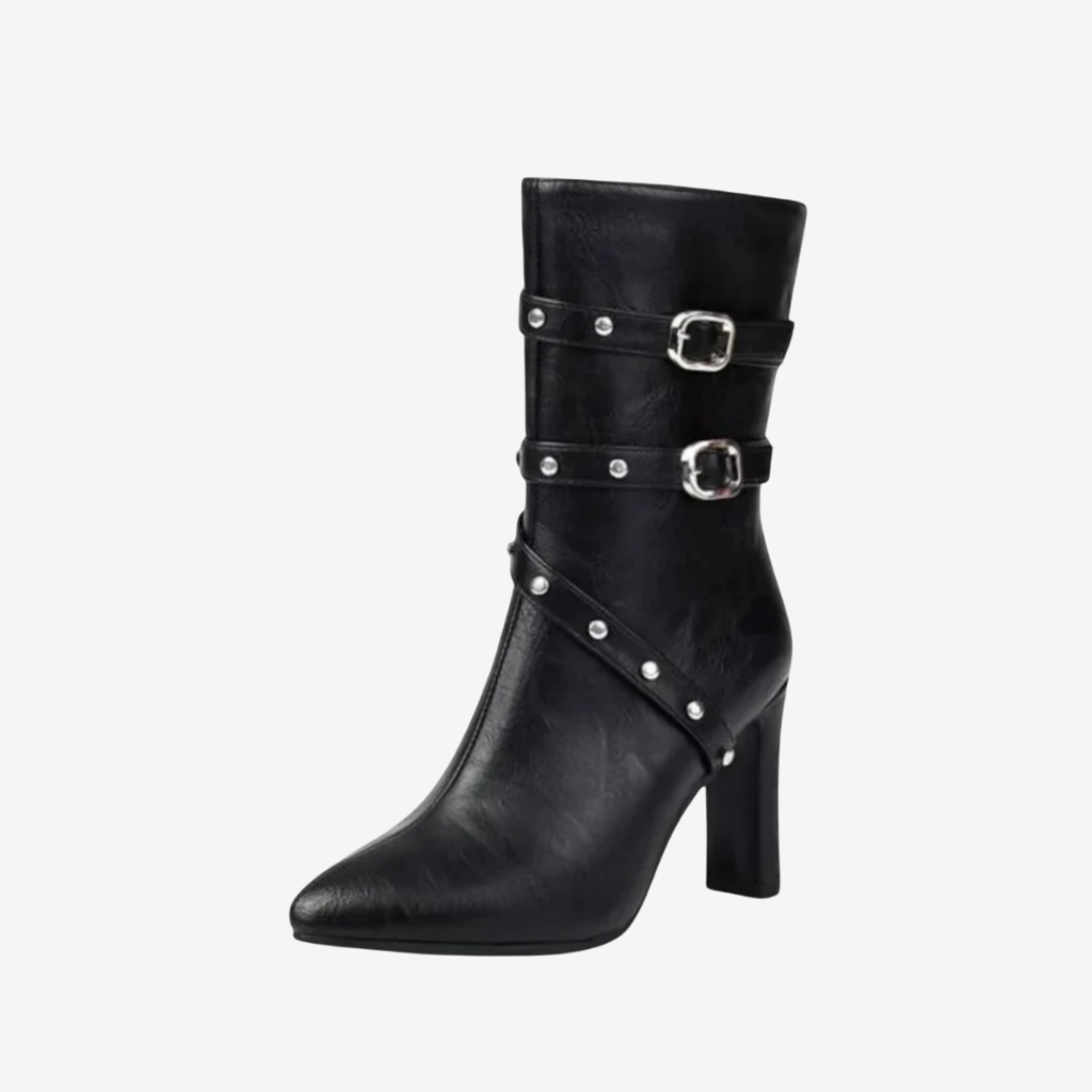 NOMU | Women's Buckled Strap Ankle Boots – Modern Studded Block Heel Boots