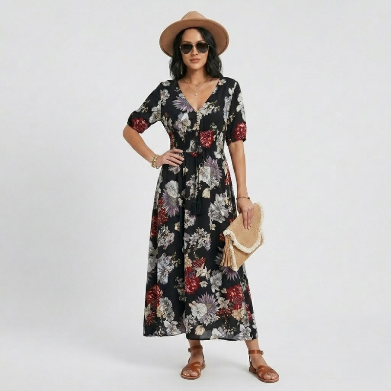 NOMU | Women's Floral Maxi Dress – V Neck Short Sleeve Relaxed Fit Design