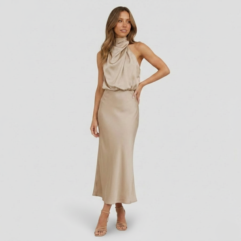 NOMU | Women's Satin Maxi Dress – Sleeveless High Neck Draped Design