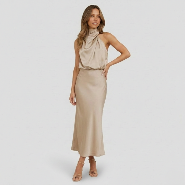 NOMU | Women's Satin Maxi Dress – Sleeveless High Neck Draped Design