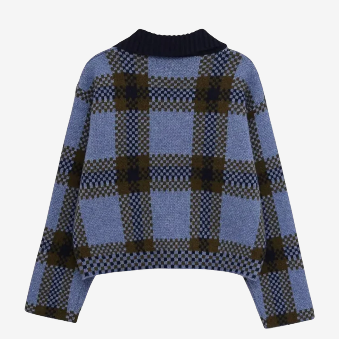 NOMU | Women's Plaid Knit Zip-Up Jacket – Soft Checkered Cardigan Coat