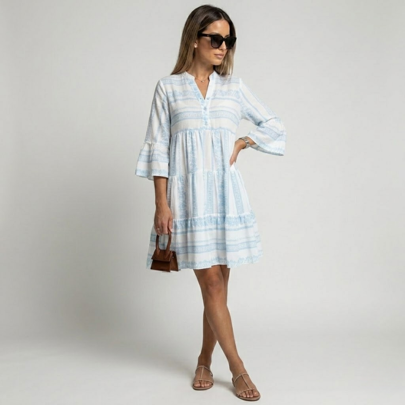 NOMU | Women's Printed Mini Dress – V Neck Button Front Tiered Loose Fit Design