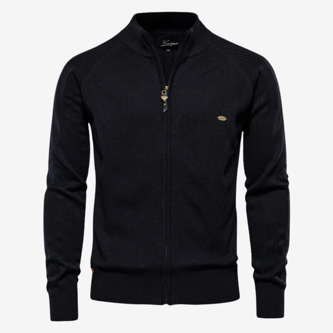 NOMU | Men's Zip-Up Knit Sweater Jacket – Textured Stand Collar Cardigan