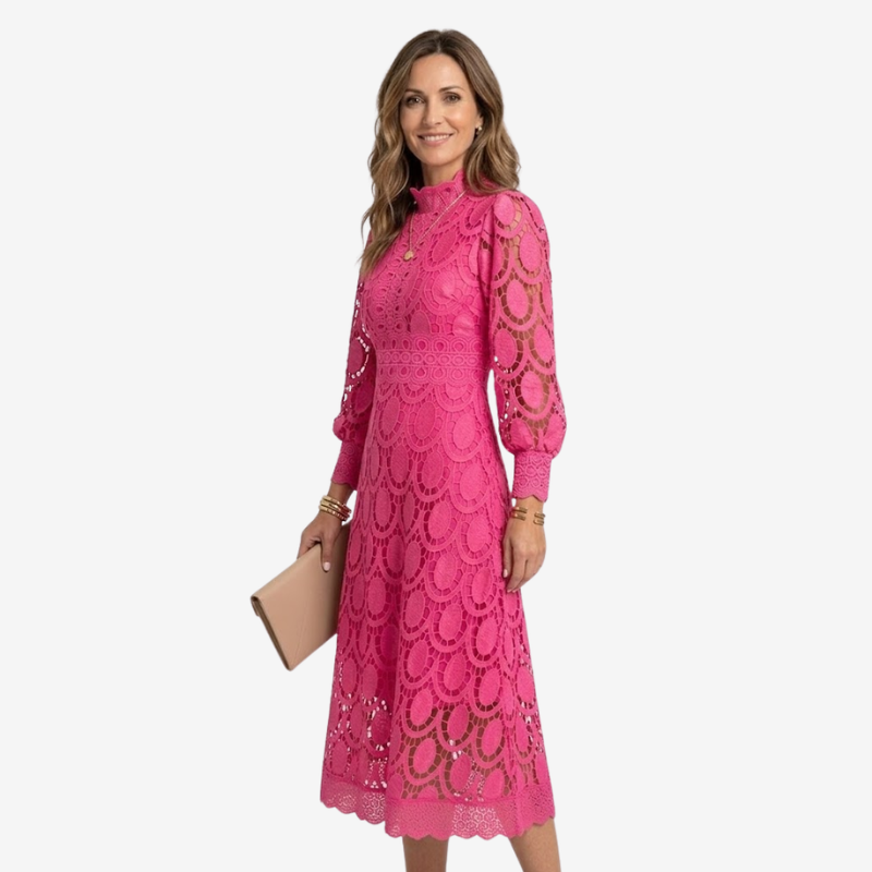NOMU | Women's Floral Lace Midi Dress – Elegant High Neck Puff Sleeve Party Dress