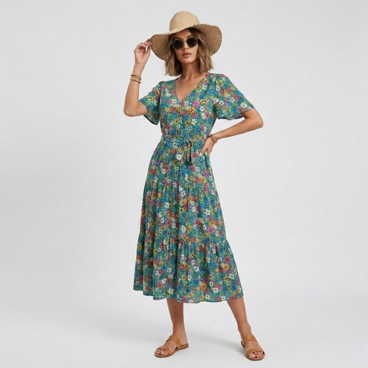 NOMU | Women's Floral Midi Dress – V Neck Short Sleeve Tie Waist Design