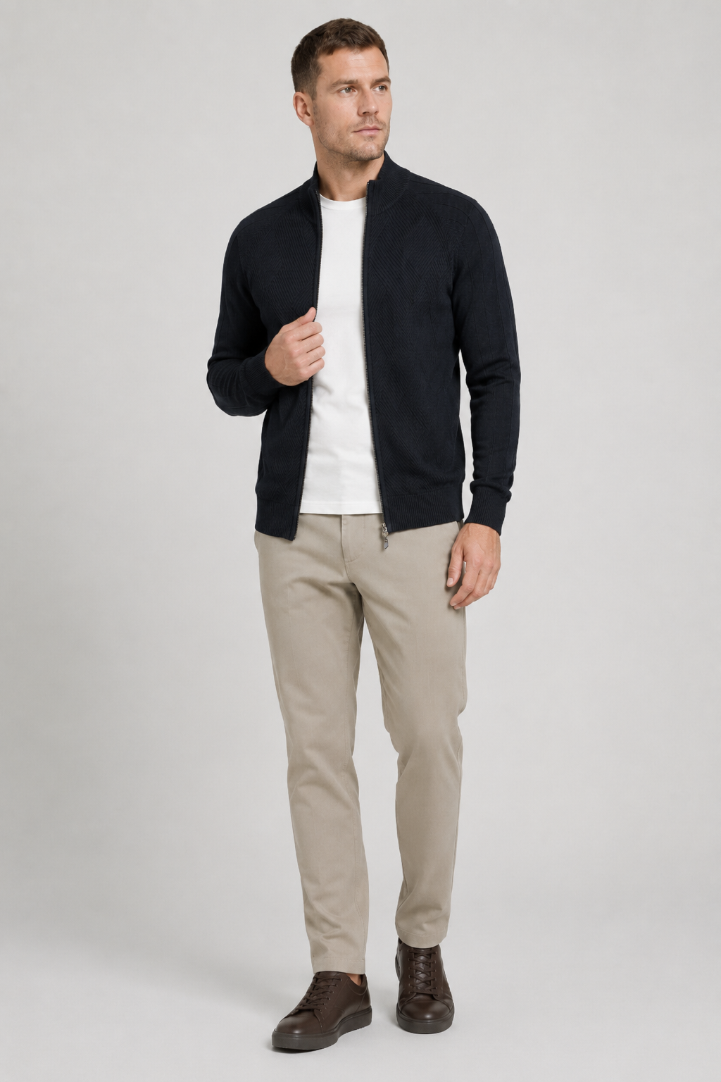 NOMU | Men's Zip-Up Knit Sweater Jacket – Textured Stand Collar Cardigan