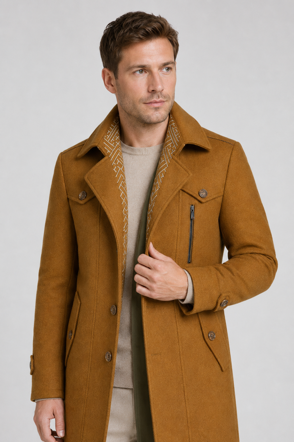 NOMU | Men's Wool Blend Military Overcoat – Tailored Button Front Coat