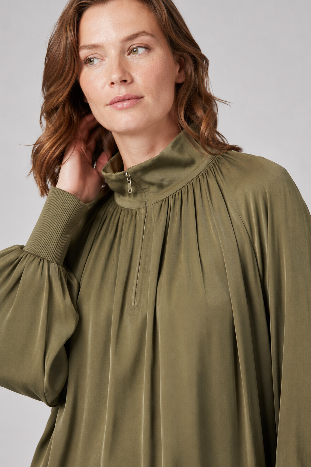 NOMU | Women's Gathered High Neck Blouse – Elegant Balloon Sleeve Top