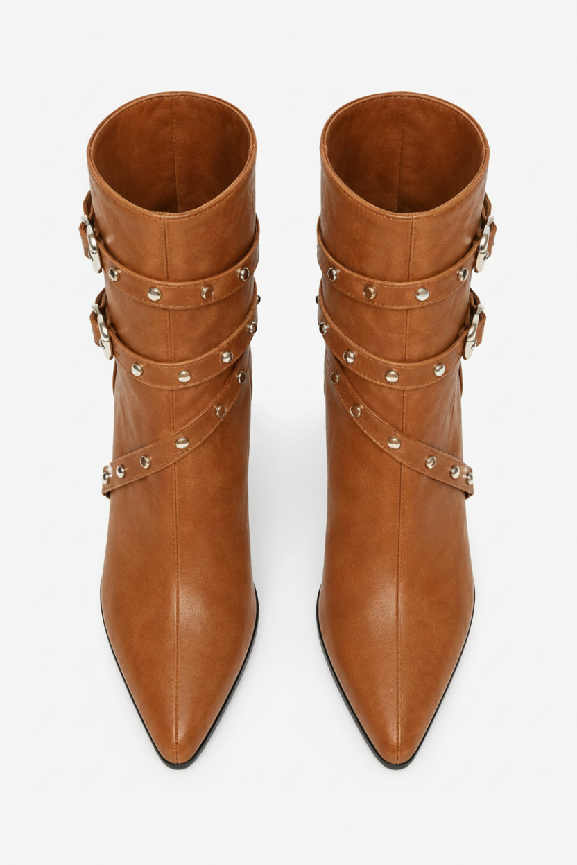 NOMU | Women's Buckled Strap Ankle Boots – Modern Studded Block Heel Boots