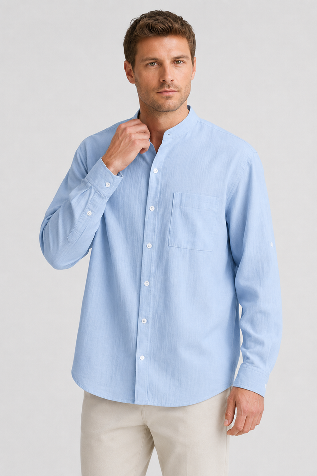 NOMU | Men's Cotton Linen Shirt – Long Sleeve Mandarin Collar Design