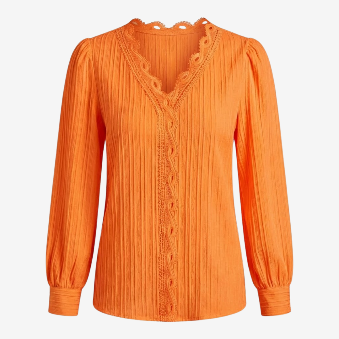 NOMU | Women's Lace Trim Pleated Blouse – Elegant V-Neck Long Sleeve Top