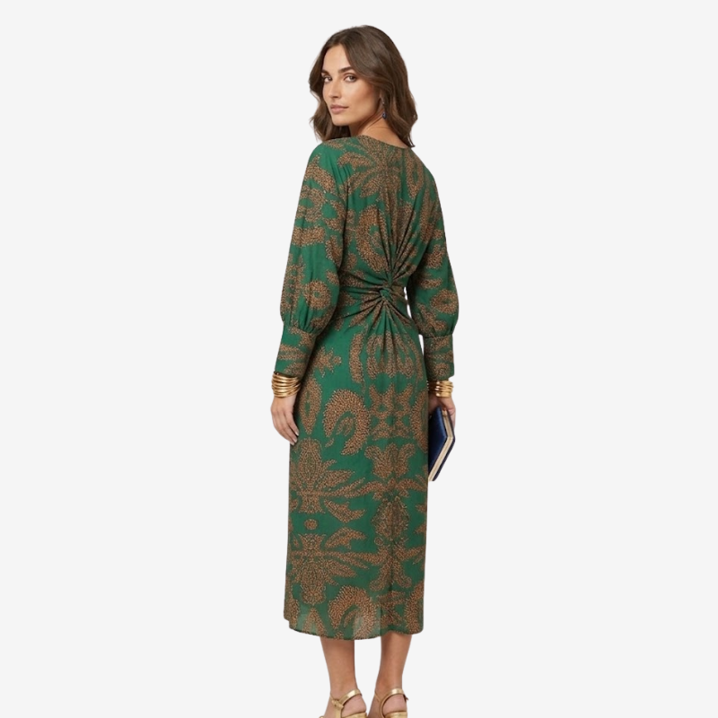 NOMU | Women's Vintage Print Twist Front Midi Dress – Elegant Long Sleeve V-Neck Dress