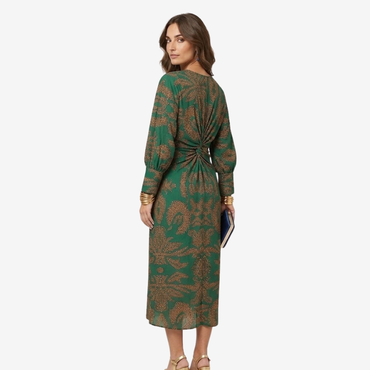 NOMU | Women's Vintage Print Twist Front Midi Dress – Elegant Long Sleeve V-Neck Dress