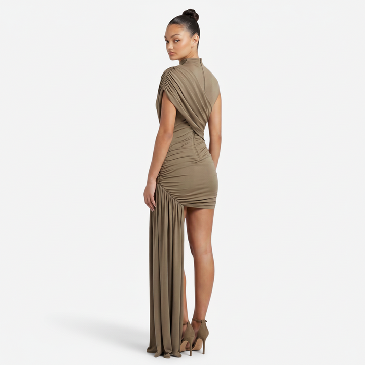 NOMU | Women's Asymmetrical Mini Dress – High Neck Sleeveless Draped Design