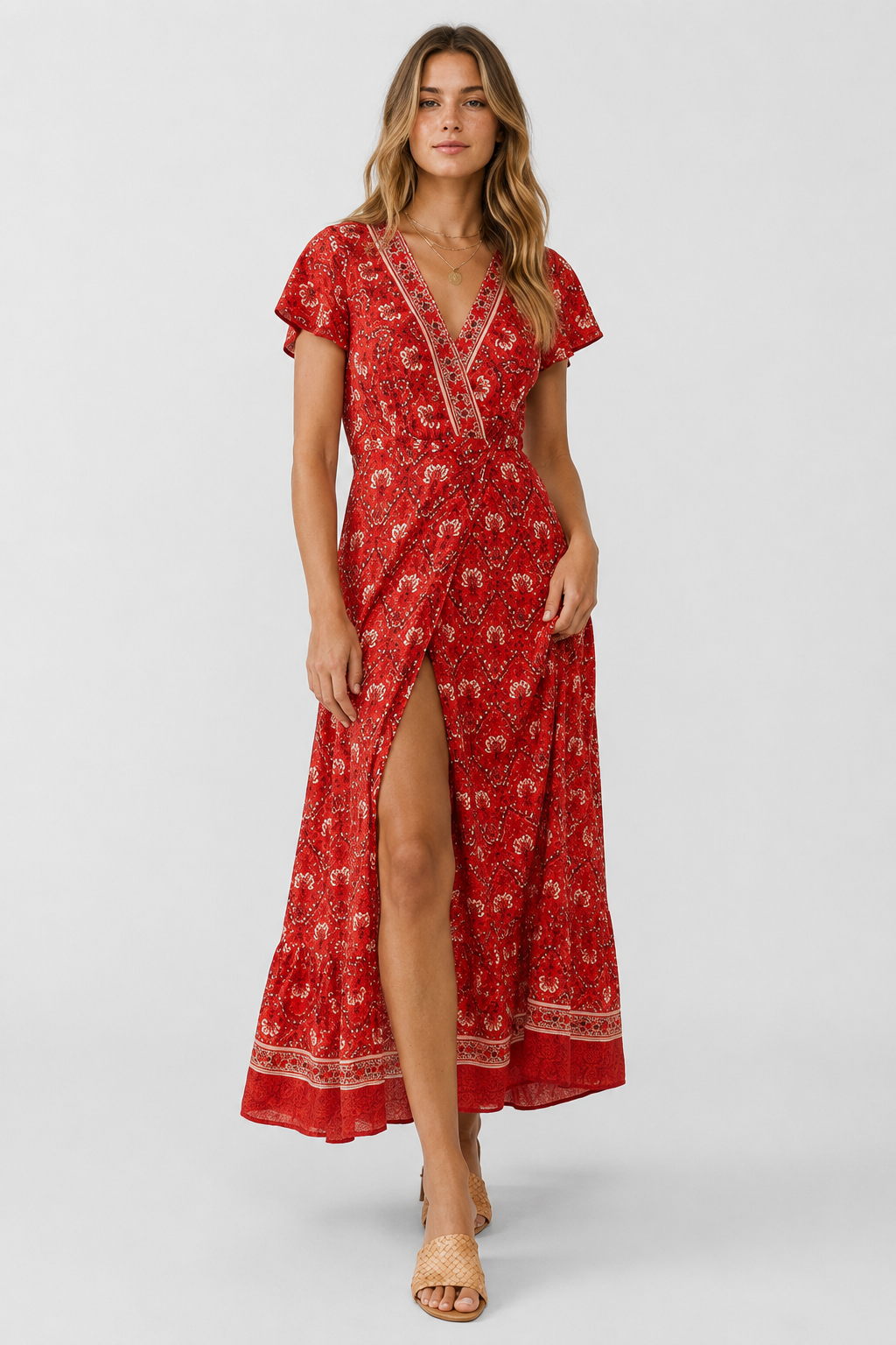 NOMU | Women's Printed Midi Dress – V Neck Short Sleeve Wrap Style Side Slit Design