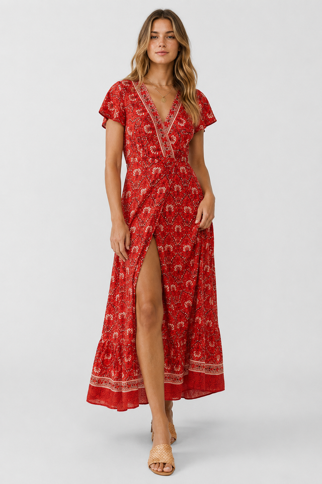 NOMU | Women's Printed Midi Dress – V Neck Short Sleeve Wrap Style Side Slit Design