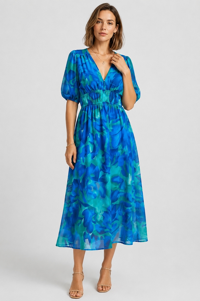 NOMU | Women's Floral V-Neck Midi Dress – Elegant Puff Sleeve Flowing Dress