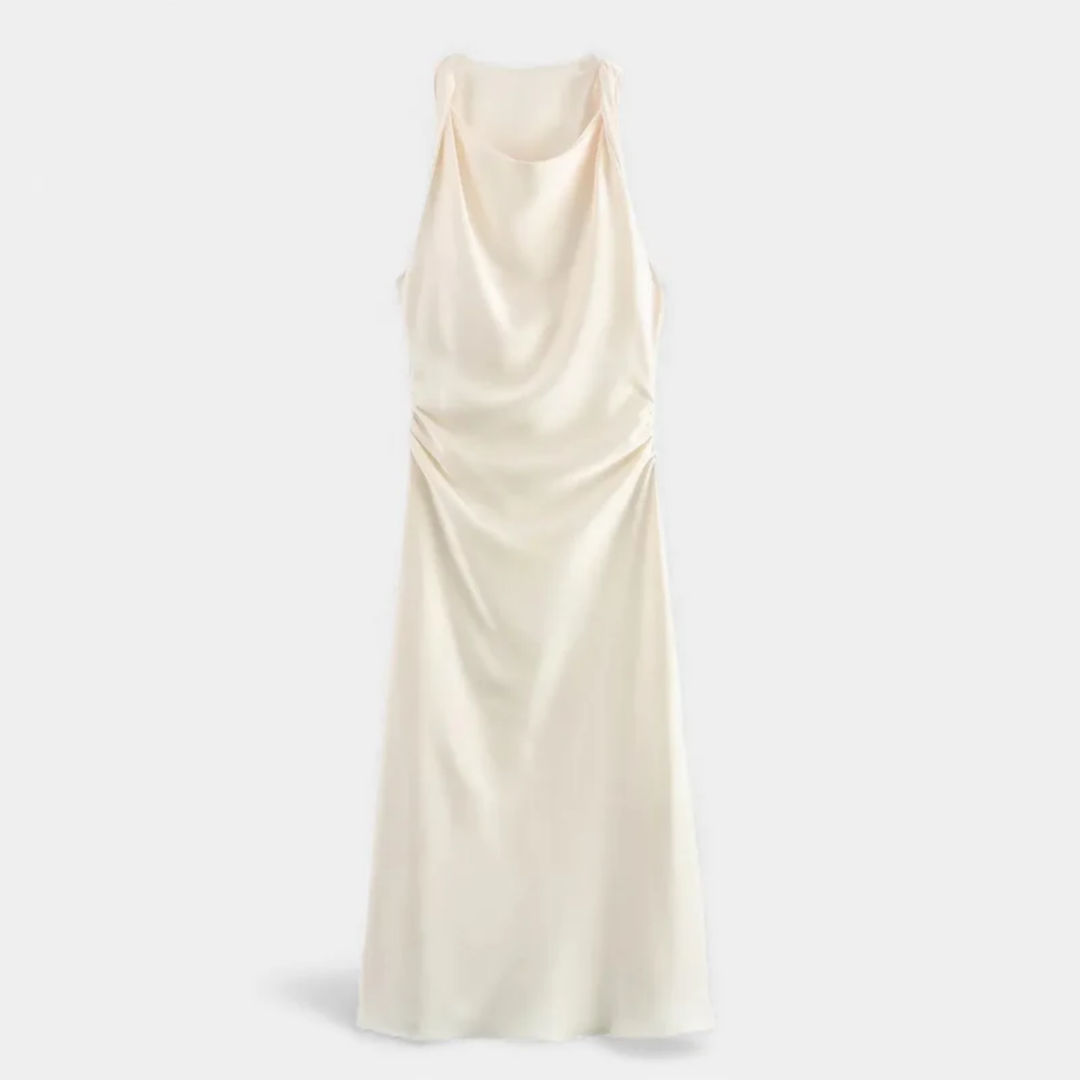 NOMU | Women's Satin Sleeveless Midi Dress – Elegant Draped Evening Slip Dress