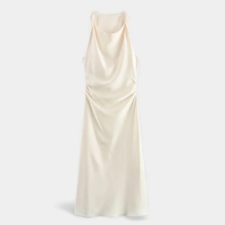 NOMU | Women's Satin Sleeveless Midi Dress – Elegant Draped Evening Slip Dress