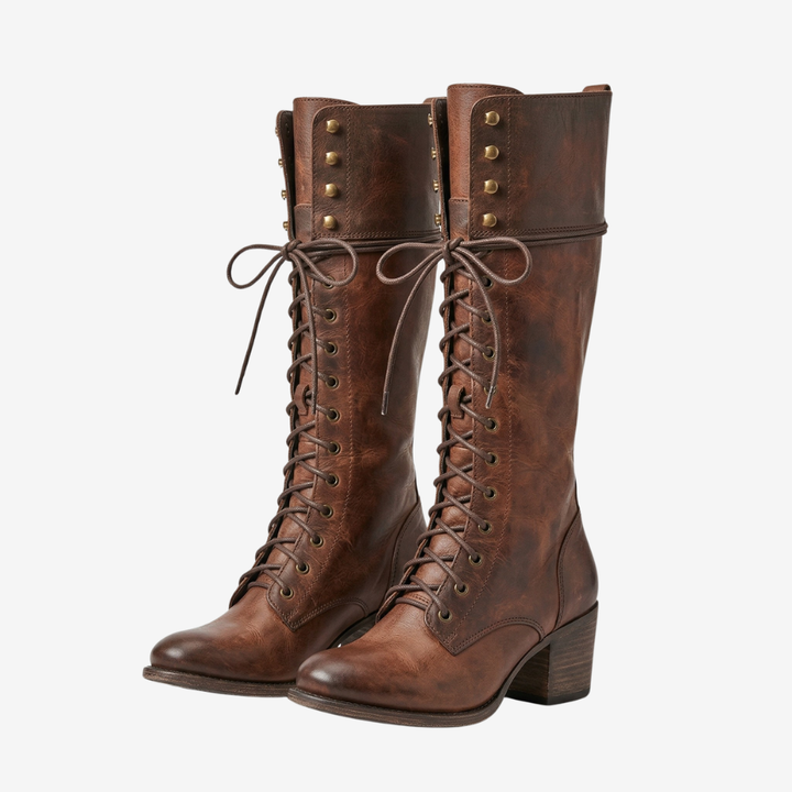NOMU | Women's Vintage Lace-Up Knee-High Boots – Classic Block Heel Riding Boots