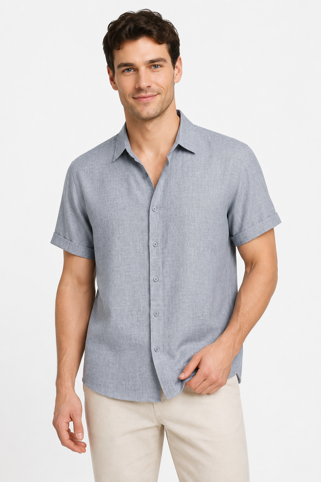 NOMU | Men's Linen Blend Shirt – Short Sleeve Casual Button Design