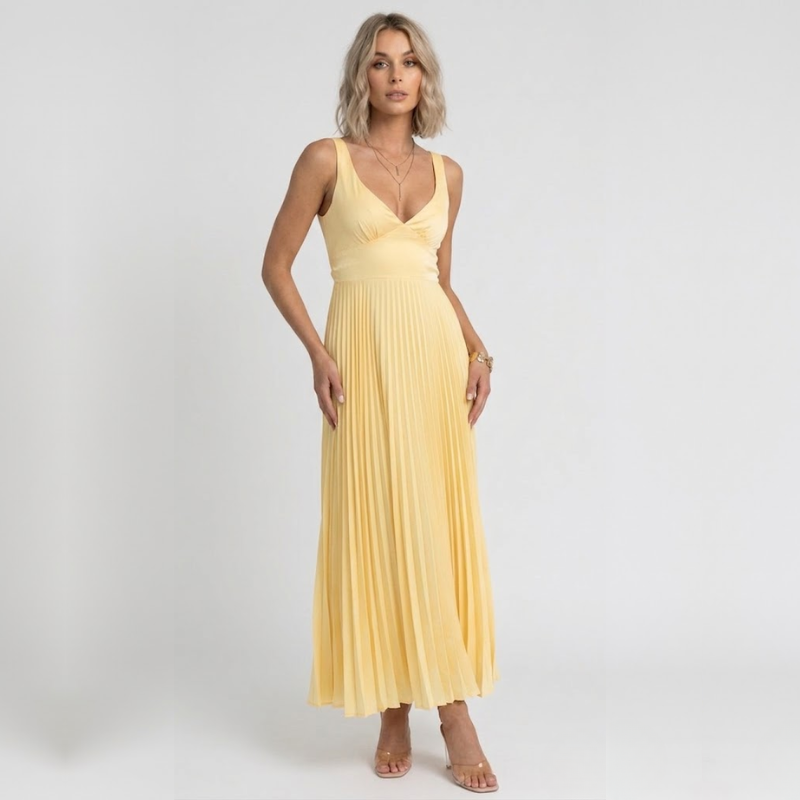 NOMU | Women's Pleated Maxi Dress – Sleeveless V Neck Flowy Design
