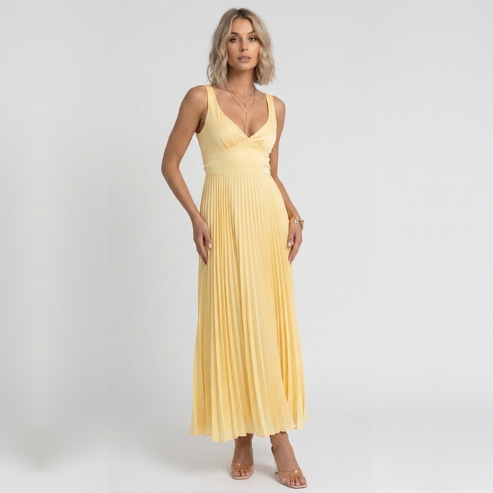 NOMU | Women's Pleated Maxi Dress – Sleeveless V Neck Flowy Design