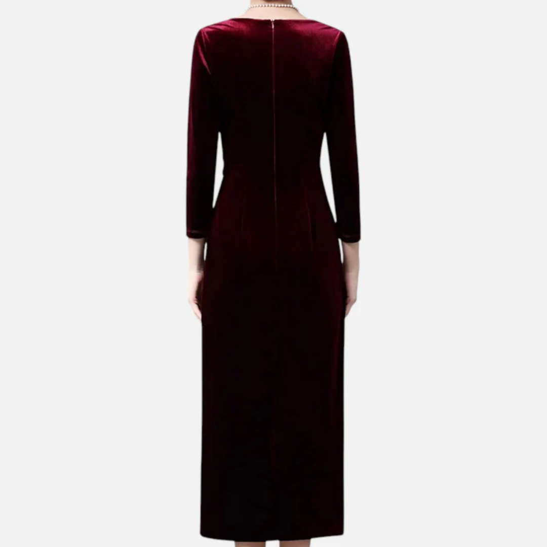 NOMU | Women's Velvet Wrap Midi Dress – Elegant Long Sleeve Rhinestone Evening Dress