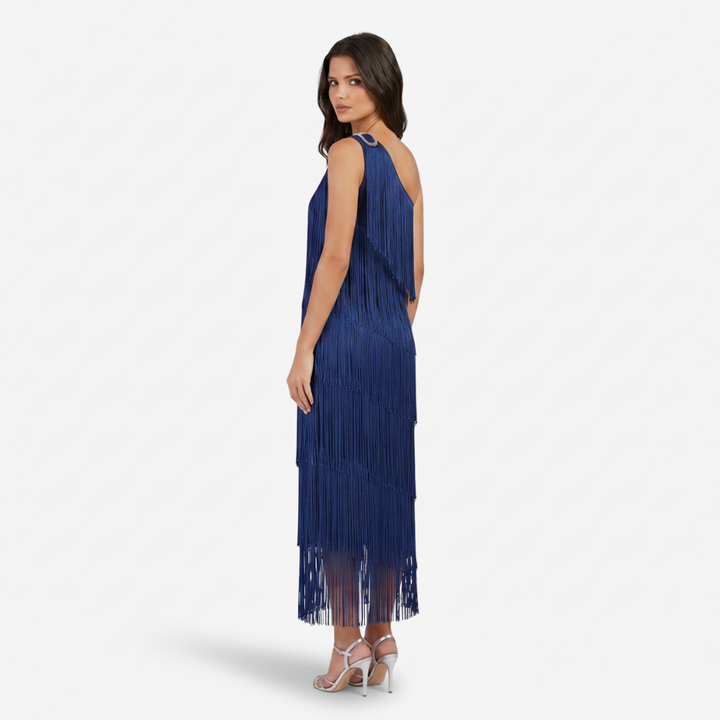 NOMU | Women's Fringe Maxi Dress – One Shoulder Layered Tassel Design
