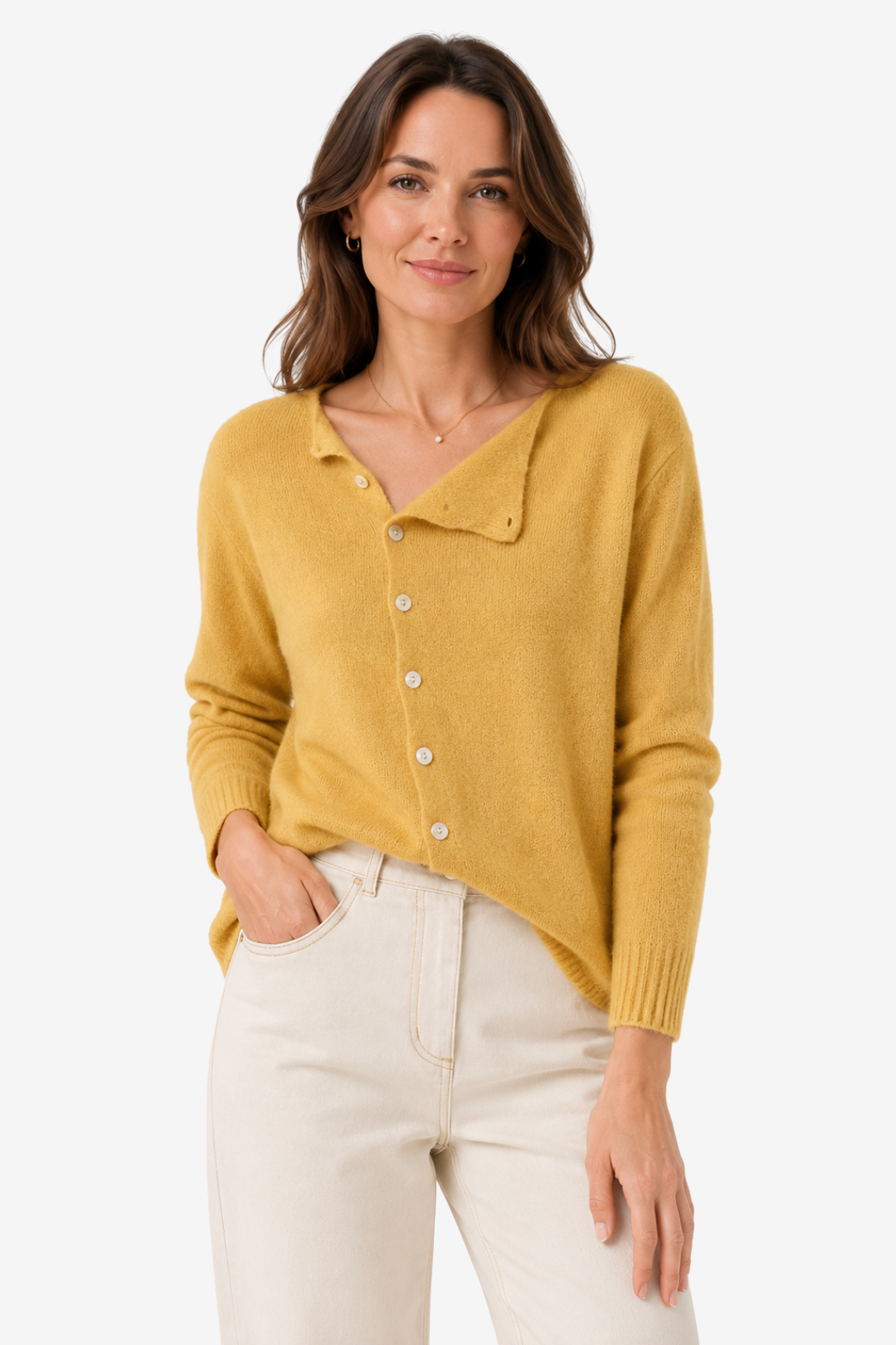 NOMU | Women's Button Front Cardigan – Asymmetric Neckline Relaxed Knit Design
