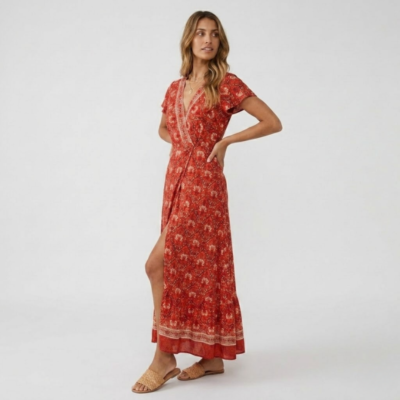 NOMU | Women's Printed Midi Dress – V Neck Short Sleeve Wrap Style Side Slit Design