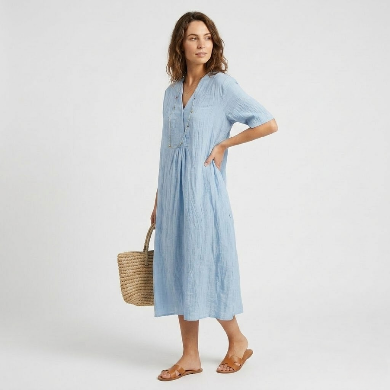 NOMU | Women's Casual Linen Dress – V-Neck Short Sleeve Loose Fit