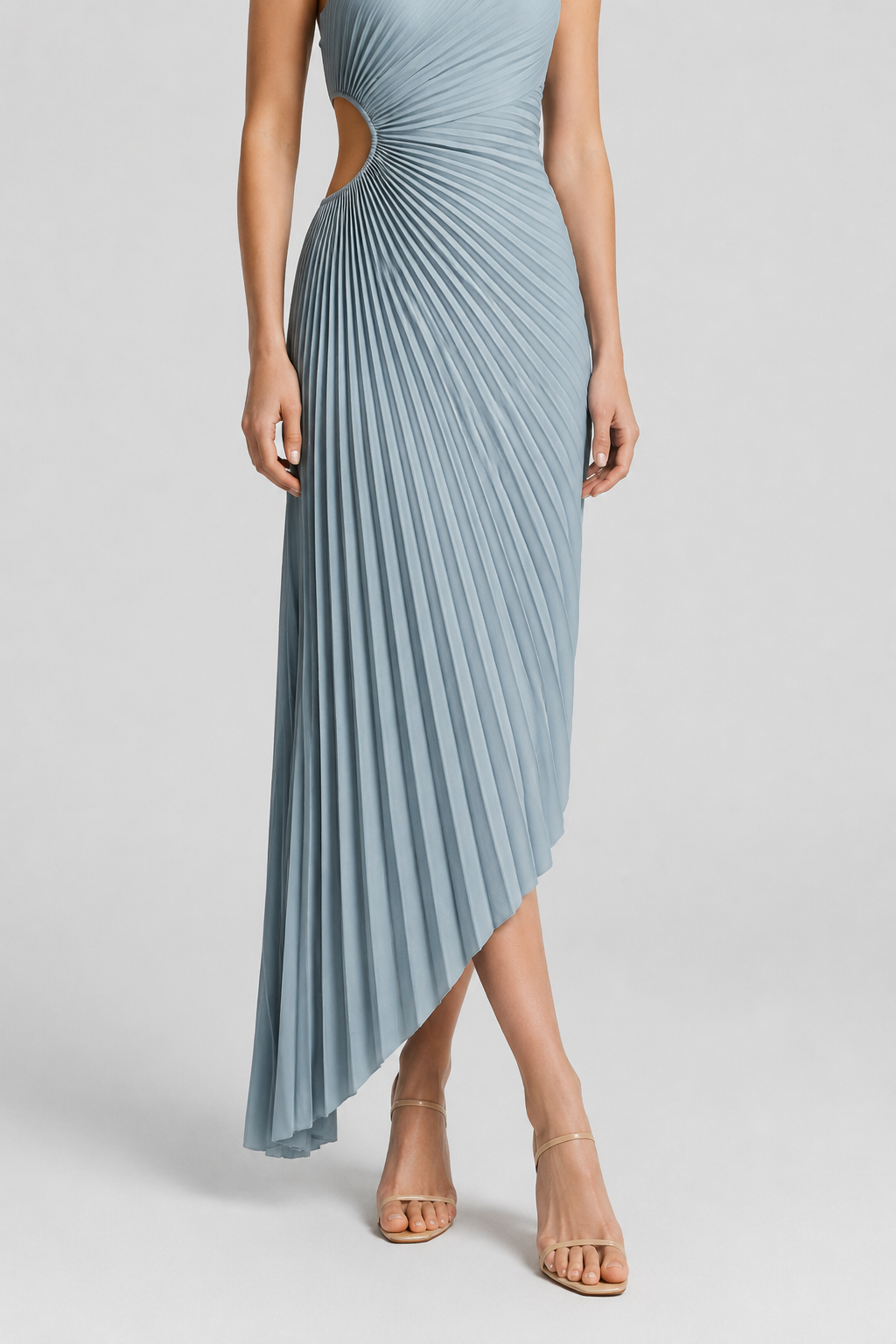 NOMU | Women's One Shoulder Pleated Midi Dress – Elegant Cutout Evening Party Dress