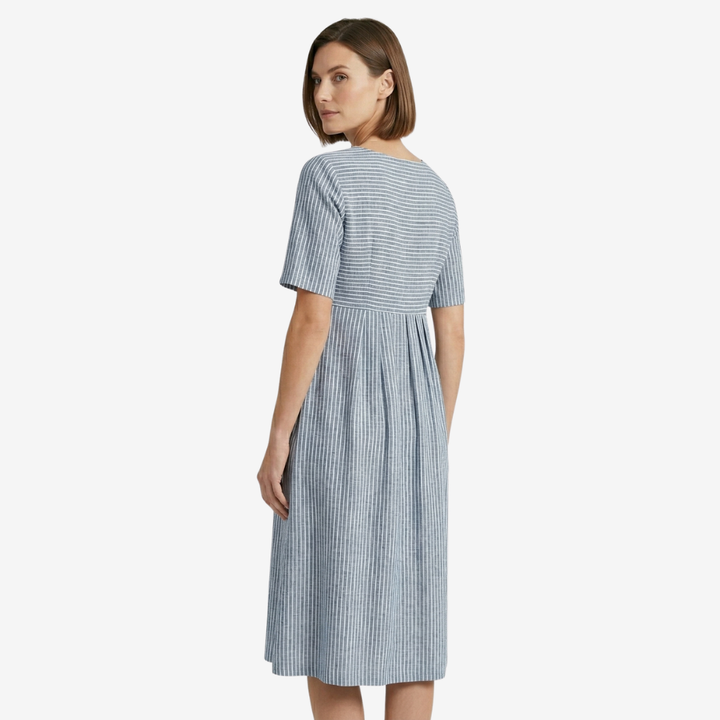NOMU | Women's Striped Button Detail Midi Dress – Casual Short Sleeve Linen Look Dress