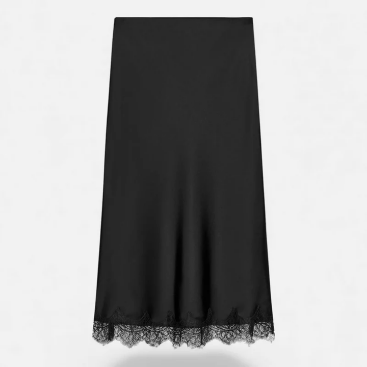 NOMU | Women's Satin Midi Skirt – Elegant Lace Trim Slip Skirt