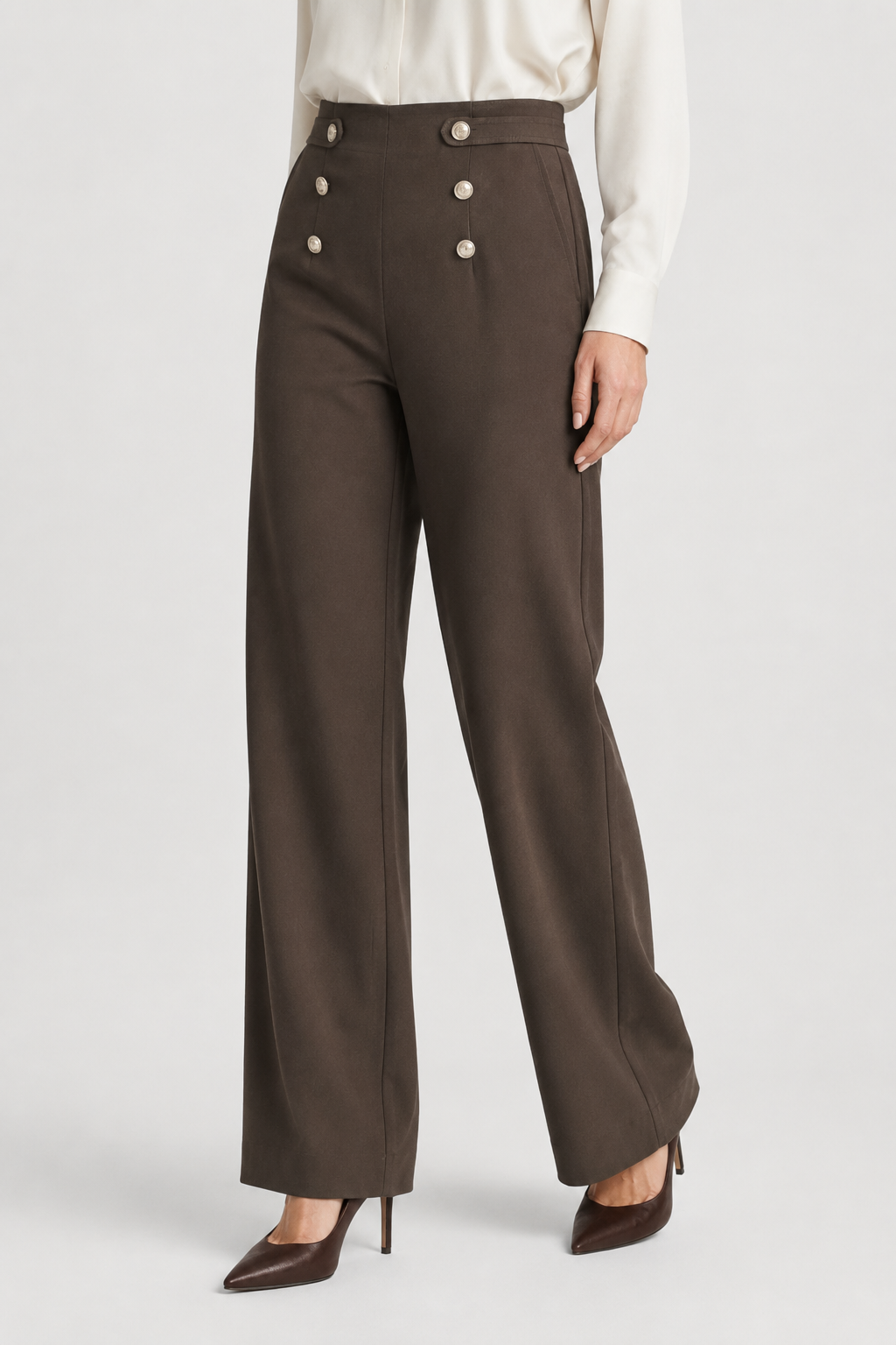 NOMU | Women's High-Waisted Wide Leg Trousers – Elegant Button Detail Palazzo Pants