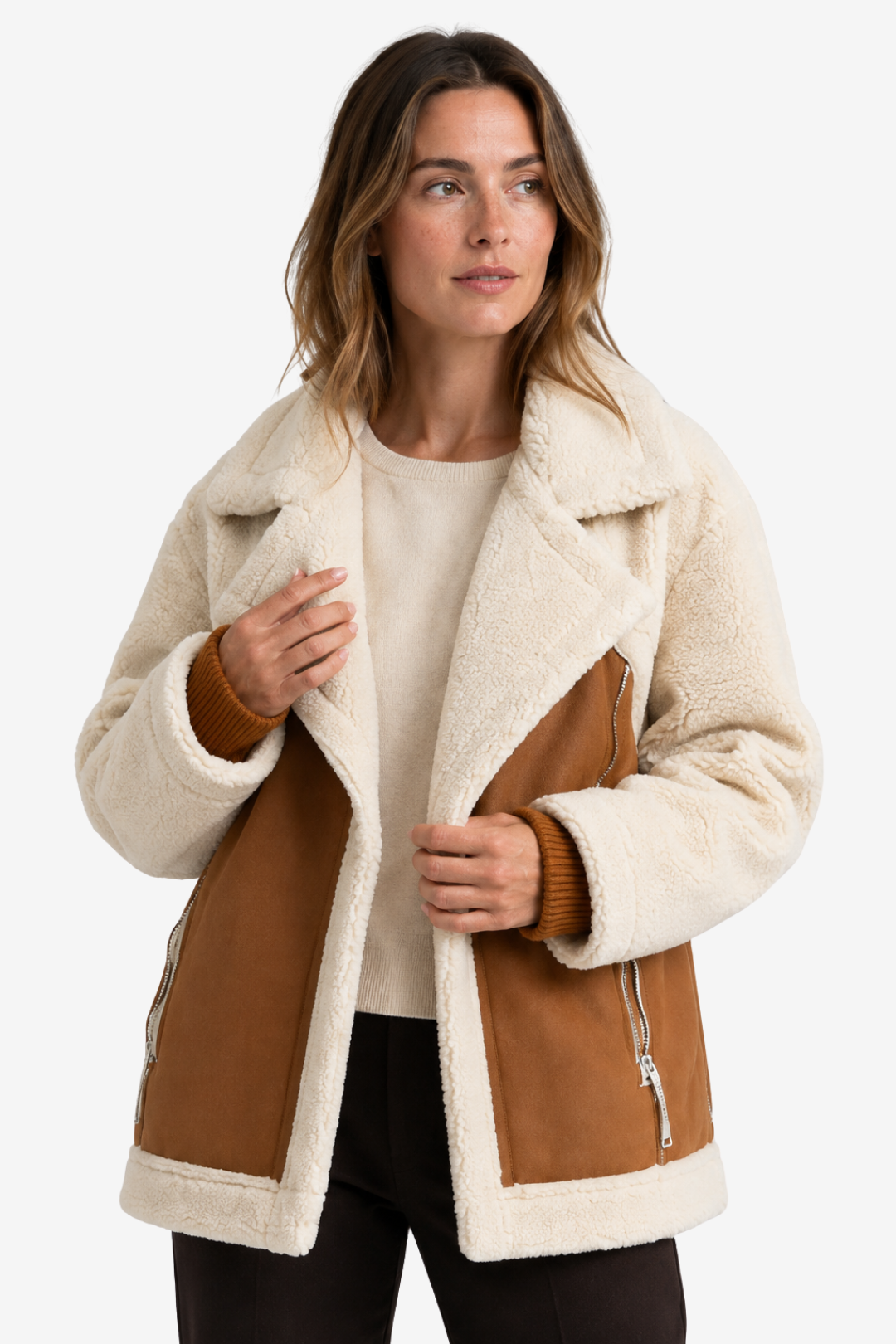 NOMU | Women's Shearling Jacket – Oversized Lapel Contrast Panel Zip Up Design