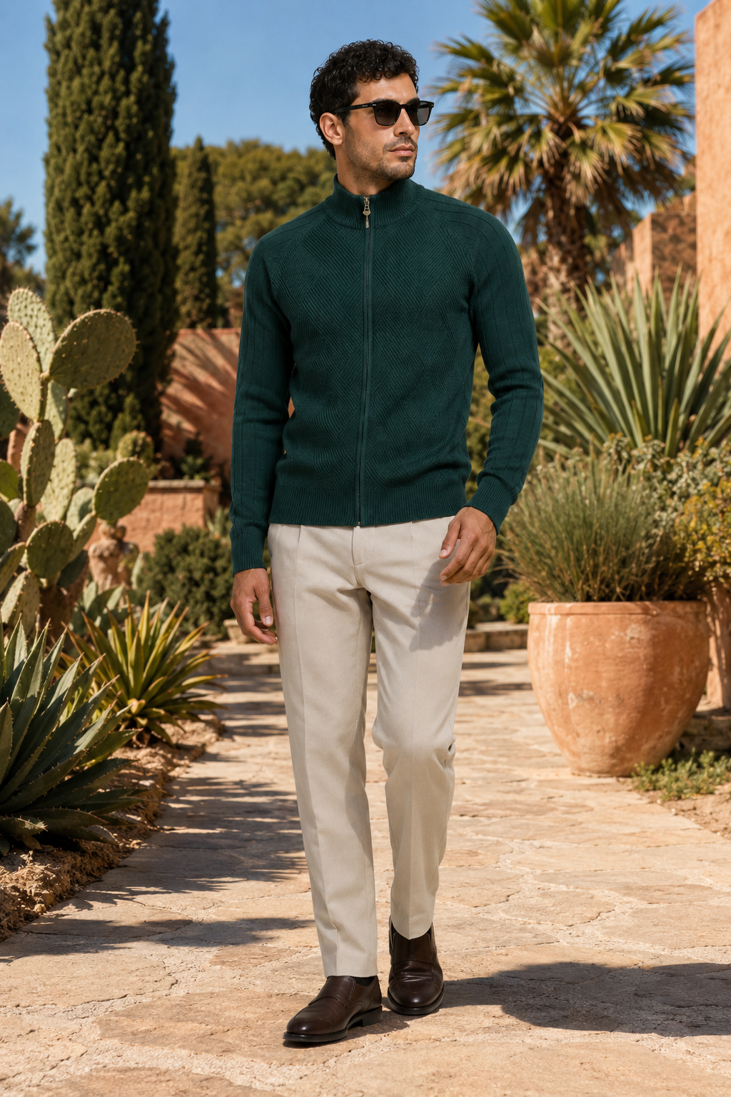 NOMU | Men's Zip-Up Knit Sweater Jacket – Textured Stand Collar Cardigan